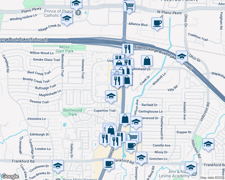 map of restaurants, bars, coffee shops, grocery stores, and more near 18731 Riverstone Court in Dallas