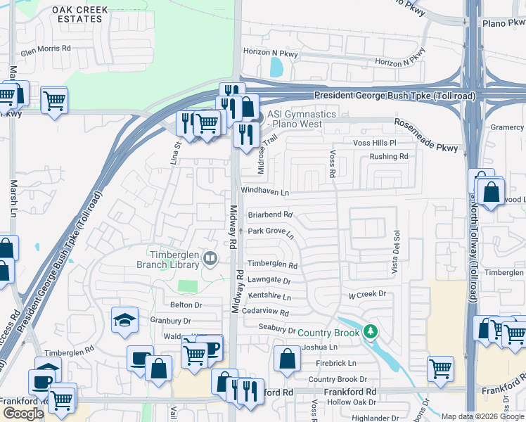 map of restaurants, bars, coffee shops, grocery stores, and more near 18812 Park Grove Lane in Dallas