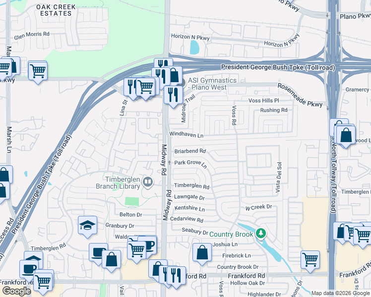map of restaurants, bars, coffee shops, grocery stores, and more near 18812 Park Grove Lane in Dallas