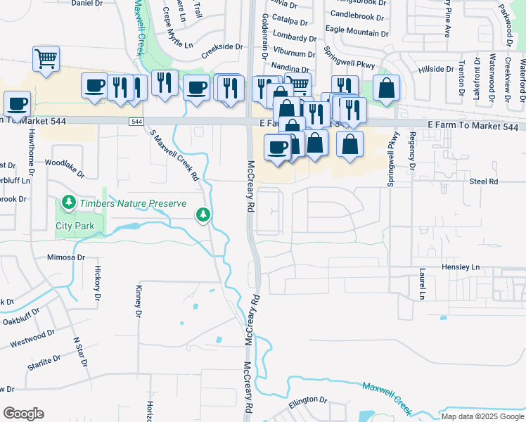 map of restaurants, bars, coffee shops, grocery stores, and more near 300 McCreary Road in Wylie