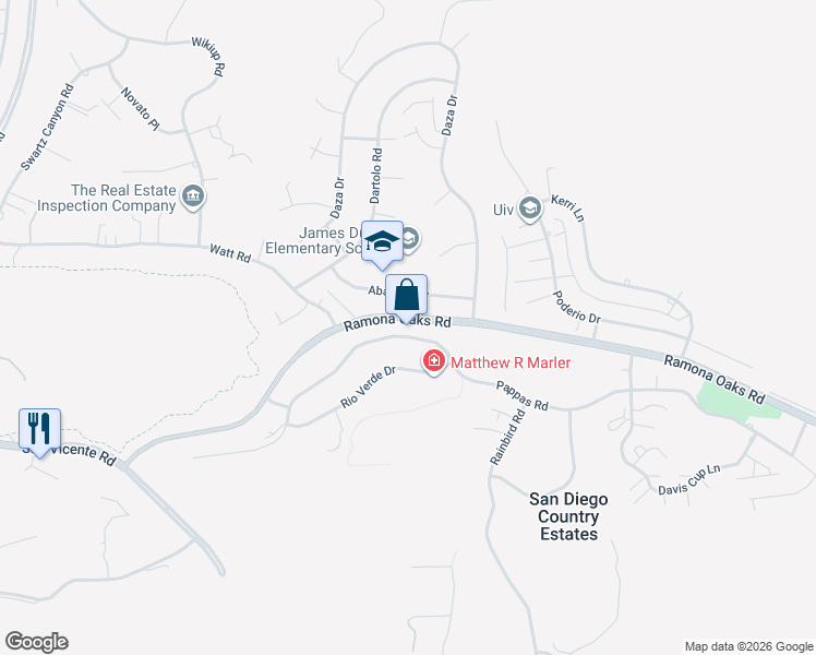 map of restaurants, bars, coffee shops, grocery stores, and more near 24911 Pappas Road in Ramona