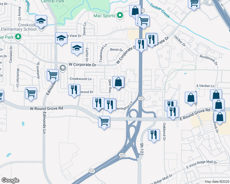 map of restaurants, bars, coffee shops, grocery stores, and more near 2452 Sunderland Lane in Lewisville