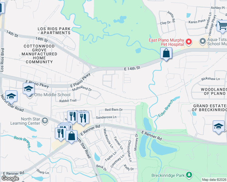 map of restaurants, bars, coffee shops, grocery stores, and more near 5057 Mulholland Drive in Plano