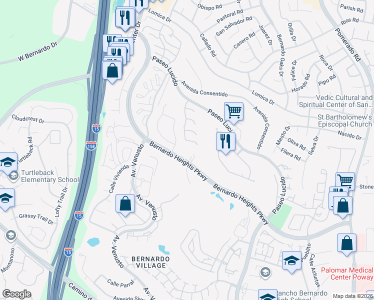 map of restaurants, bars, coffee shops, grocery stores, and more near 12120 View Pointe Row in San Diego