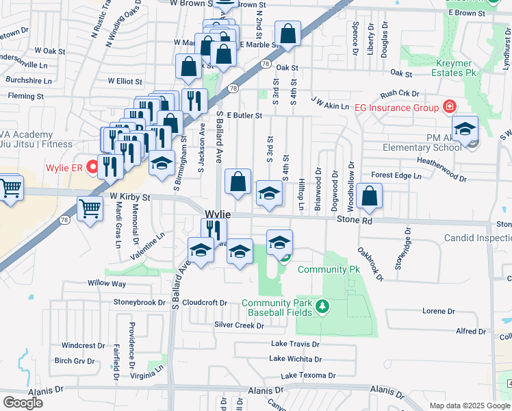 map of restaurants, bars, coffee shops, grocery stores, and more near 9 Trails Place in Wylie