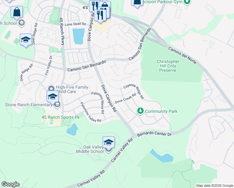 map of restaurants, bars, coffee shops, grocery stores, and more near 15264 Cayenne Creek Court in San Diego