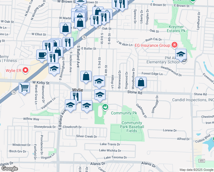 map of restaurants, bars, coffee shops, grocery stores, and more near 423 South 4th Street in Wylie