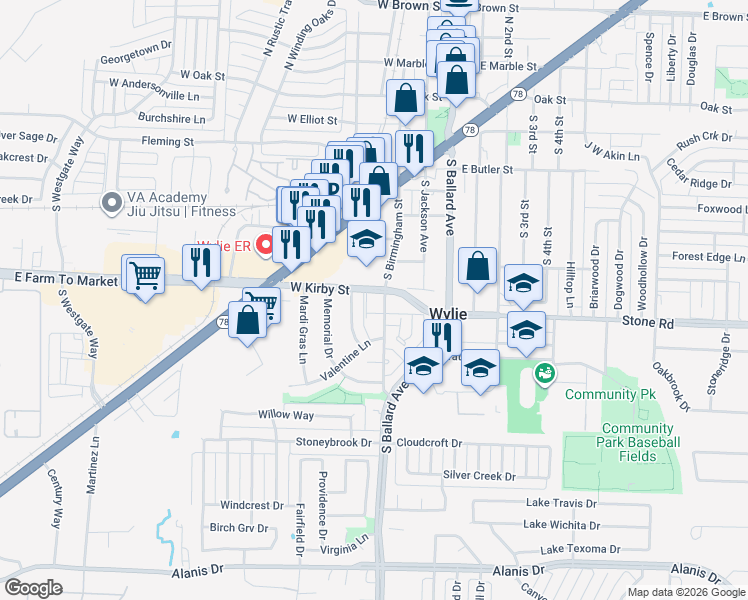 map of restaurants, bars, coffee shops, grocery stores, and more near 510 South Birmingham Street in Wylie
