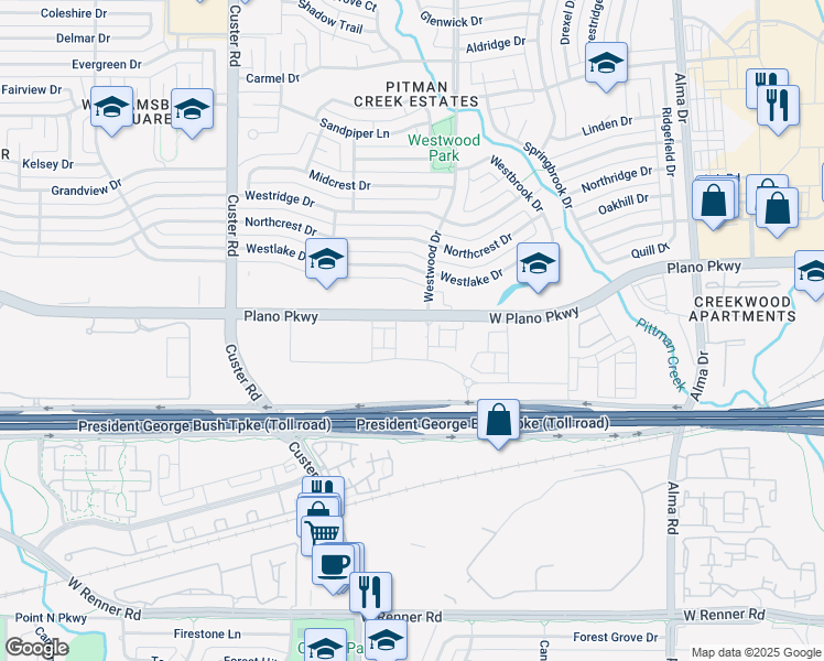 map of restaurants, bars, coffee shops, grocery stores, and more near 1801 West Plano Parkway in Plano