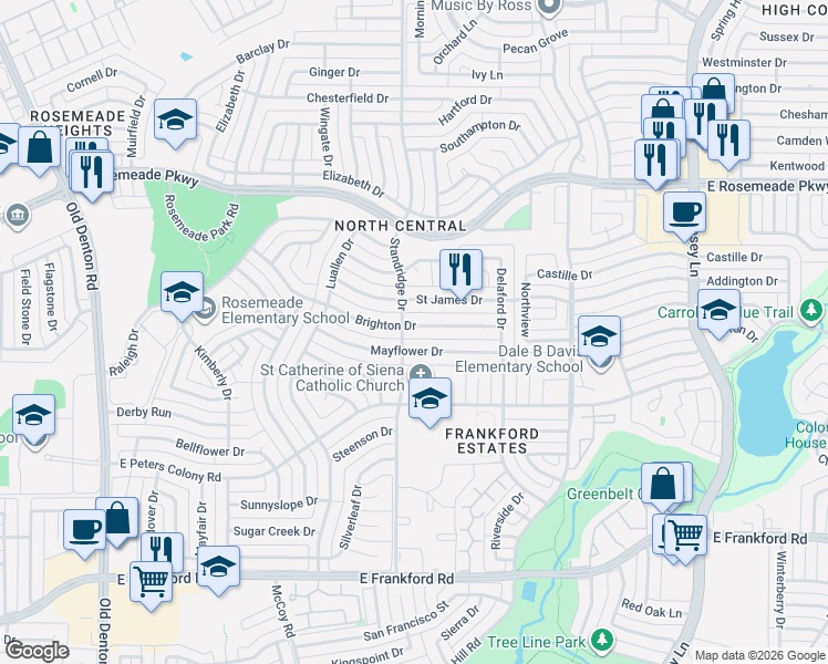 map of restaurants, bars, coffee shops, grocery stores, and more near 1620 Saint James Drive in Carrollton
