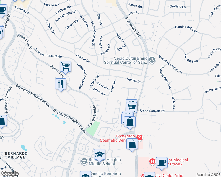 map of restaurants, bars, coffee shops, grocery stores, and more near 16182 Selva Drive in San Diego