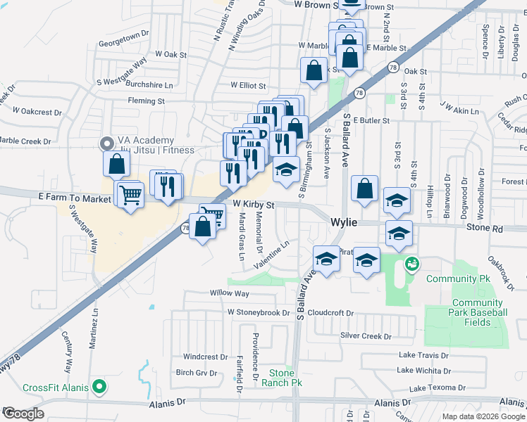 map of restaurants, bars, coffee shops, grocery stores, and more near 800 Memorial Drive in Wylie