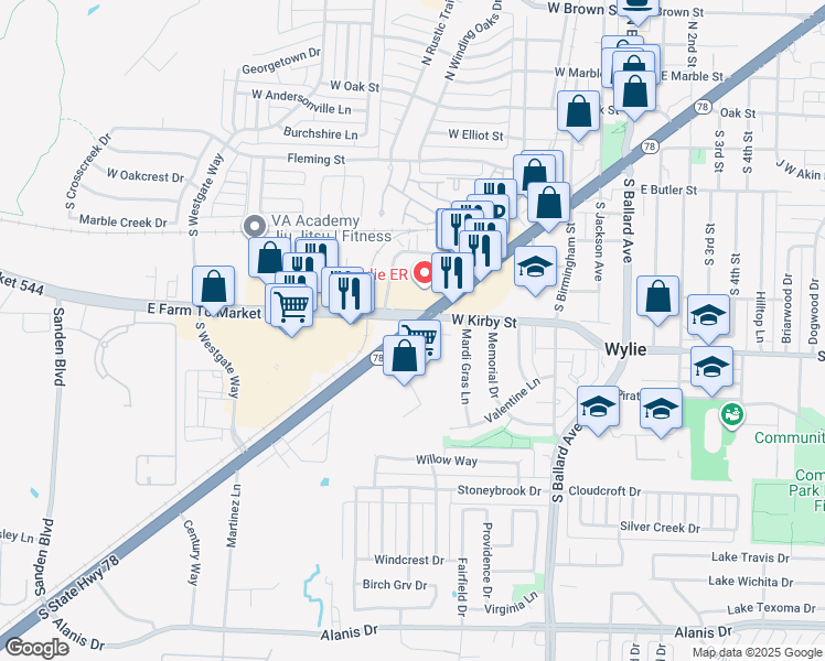 map of restaurants, bars, coffee shops, grocery stores, and more near 621 Texas 78 in Wylie