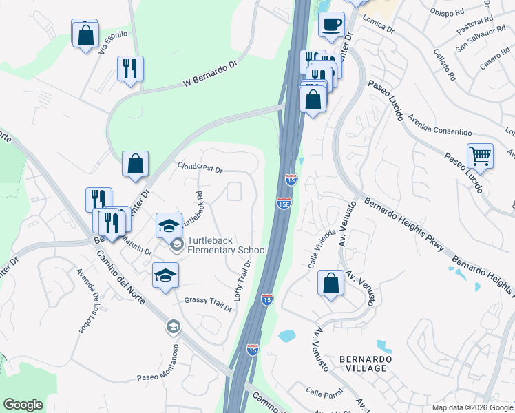 map of restaurants, bars, coffee shops, grocery stores, and more near 16140 Lofty Trail Drive in San Diego