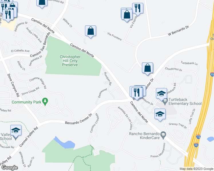map of restaurants, bars, coffee shops, grocery stores, and more near 15634 Bernardo Center Drive in San Diego
