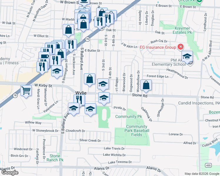 map of restaurants, bars, coffee shops, grocery stores, and more near 2 Trails Place in Wylie