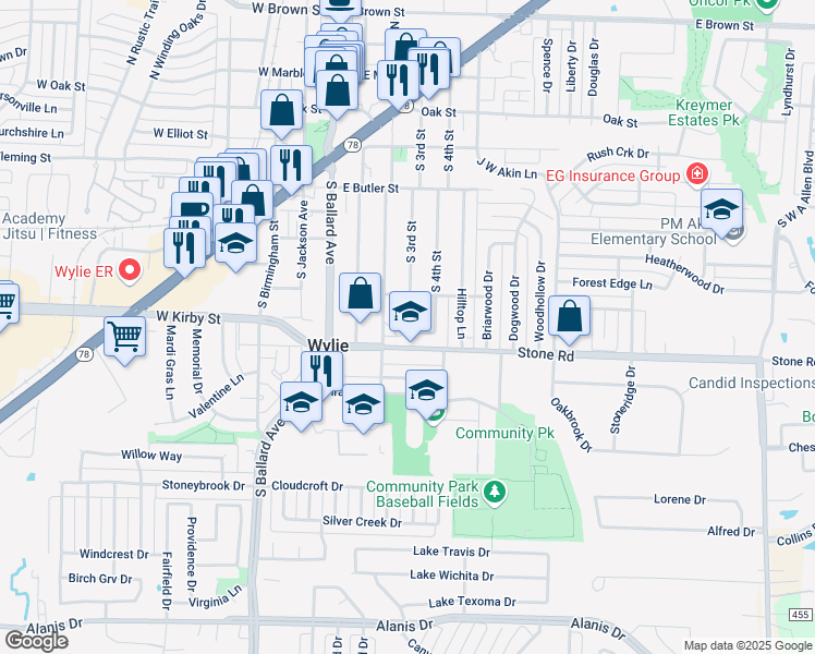 map of restaurants, bars, coffee shops, grocery stores, and more near 2 Trails Place in Wylie