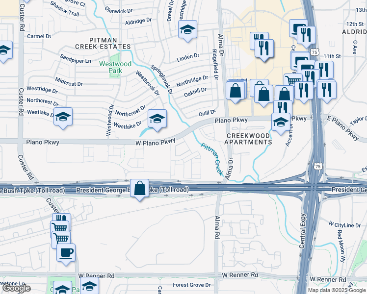 map of restaurants, bars, coffee shops, grocery stores, and more near in Plano