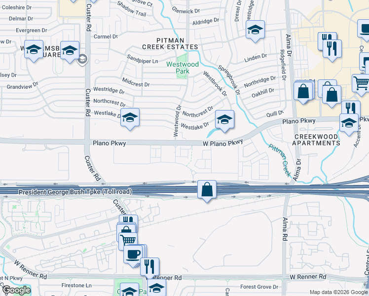 map of restaurants, bars, coffee shops, grocery stores, and more near 1751 West Plano Parkway in Plano