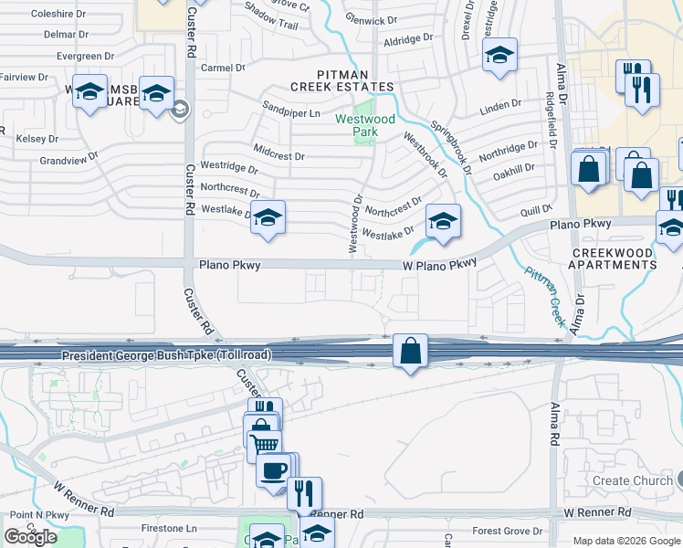 map of restaurants, bars, coffee shops, grocery stores, and more near 1751 West Plano Parkway in Plano