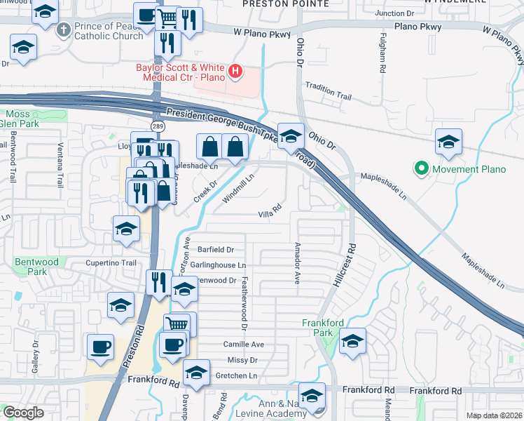 map of restaurants, bars, coffee shops, grocery stores, and more near 6309 Windmill Circle in Dallas