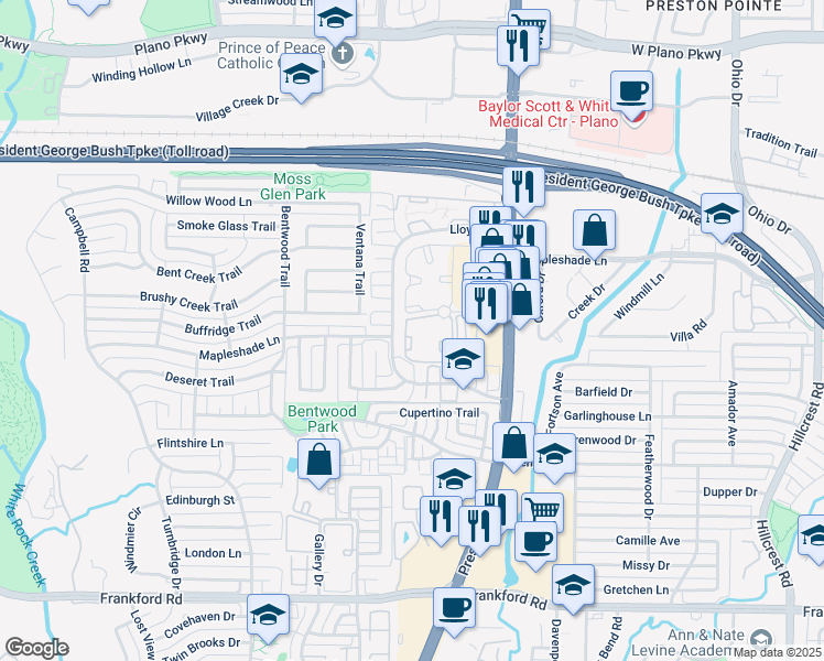 map of restaurants, bars, coffee shops, grocery stores, and more near 19251 Preston Road in Dallas
