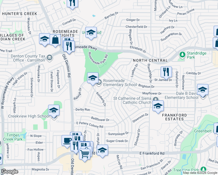 map of restaurants, bars, coffee shops, grocery stores, and more near 1529 Ranchview Court in Carrollton