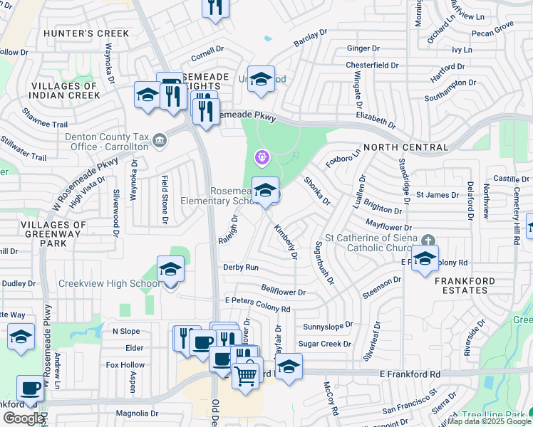 map of restaurants, bars, coffee shops, grocery stores, and more near 3550 Kimberly Drive in Carrollton