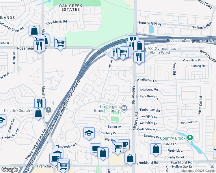 map of restaurants, bars, coffee shops, grocery stores, and more near 18800 Lina Street in Dallas