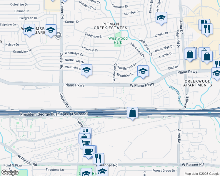 map of restaurants, bars, coffee shops, grocery stores, and more near 1751 West Plano Parkway in Plano