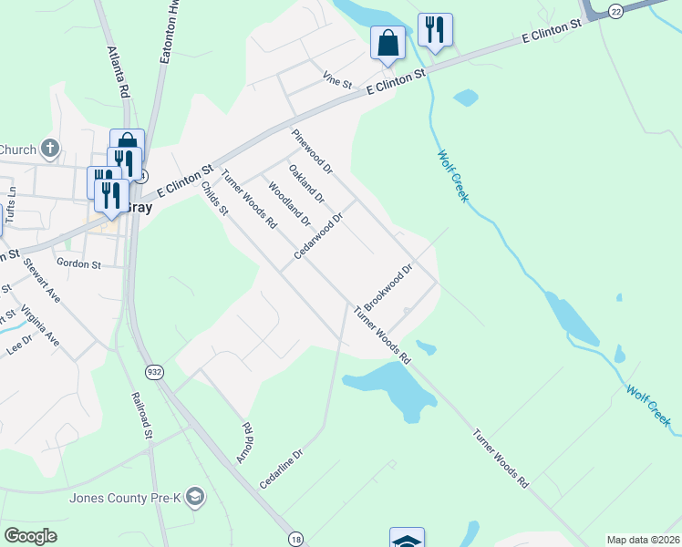 map of restaurants, bars, coffee shops, grocery stores, and more near 179 Turner Woods Road in Gray