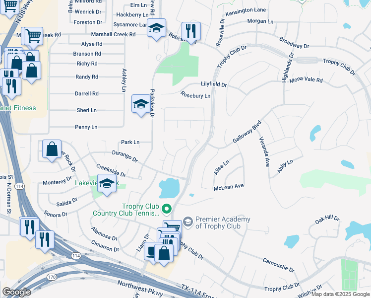 map of restaurants, bars, coffee shops, grocery stores, and more near 9 Avalon Drive in Trophy Club