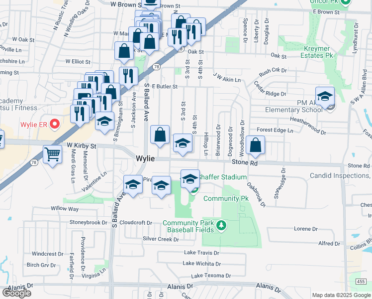 map of restaurants, bars, coffee shops, grocery stores, and more near 4 Trails Place in Wylie