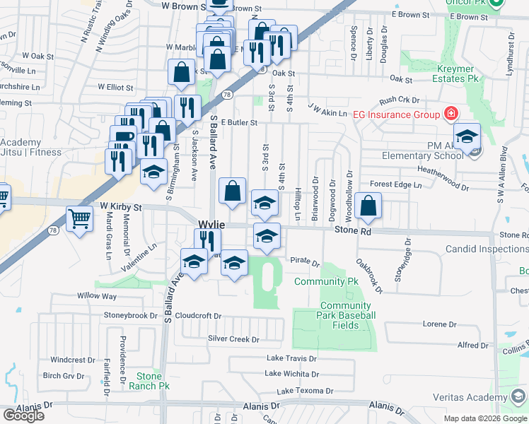 map of restaurants, bars, coffee shops, grocery stores, and more near 19 Trails Place in Wylie