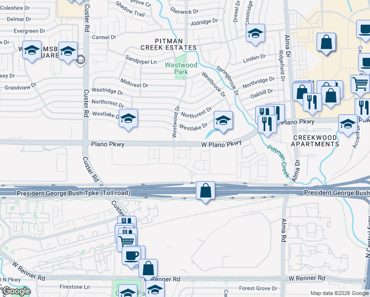 map of restaurants, bars, coffee shops, grocery stores, and more near 1612 Westlake Drive in Plano