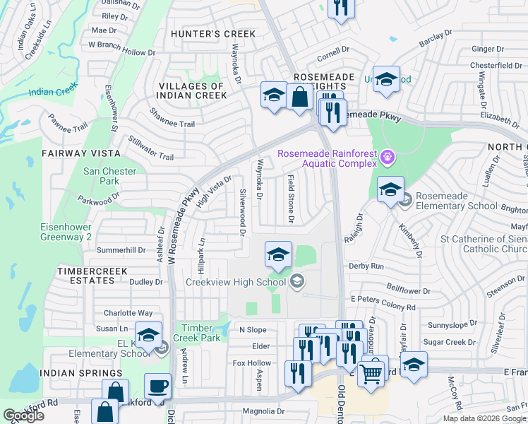 map of restaurants, bars, coffee shops, grocery stores, and more near 3615 Waynoka Drive in Carrollton