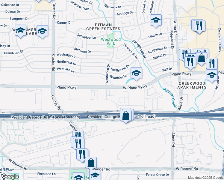 map of restaurants, bars, coffee shops, grocery stores, and more near 1751 West Plano Parkway in Plano