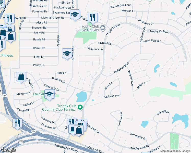 map of restaurants, bars, coffee shops, grocery stores, and more near 404 Lakewood Drive in Trophy Club