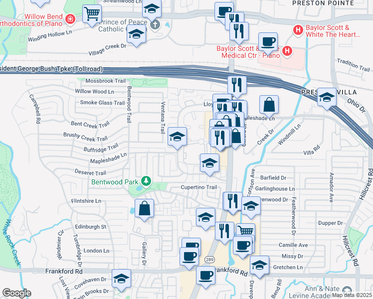 map of restaurants, bars, coffee shops, grocery stores, and more near 19251 Preston Road in Dallas