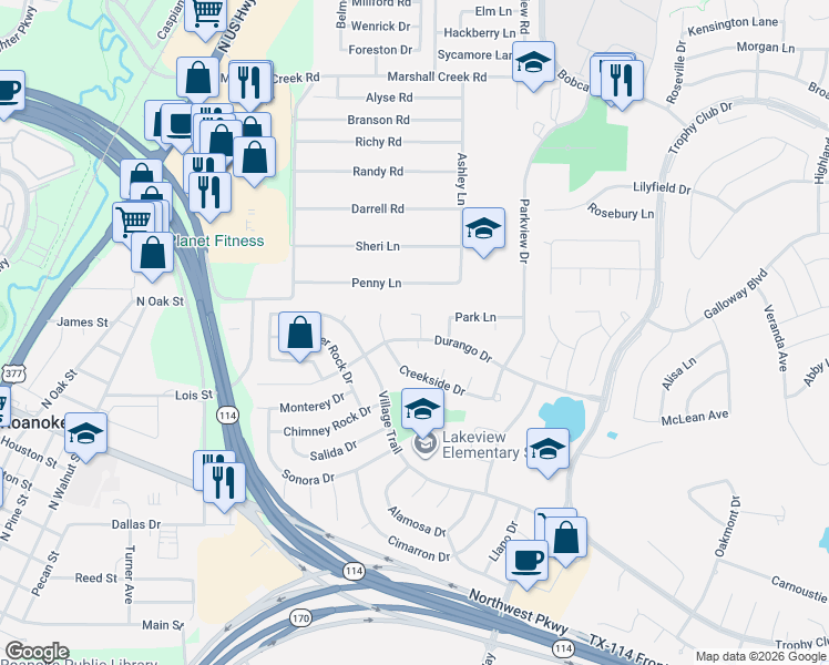 map of restaurants, bars, coffee shops, grocery stores, and more near 6 Hideaway Court in Trophy Club