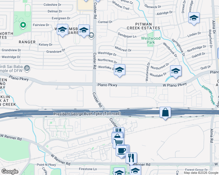map of restaurants, bars, coffee shops, grocery stores, and more near 2001 West Plano Parkway in Plano