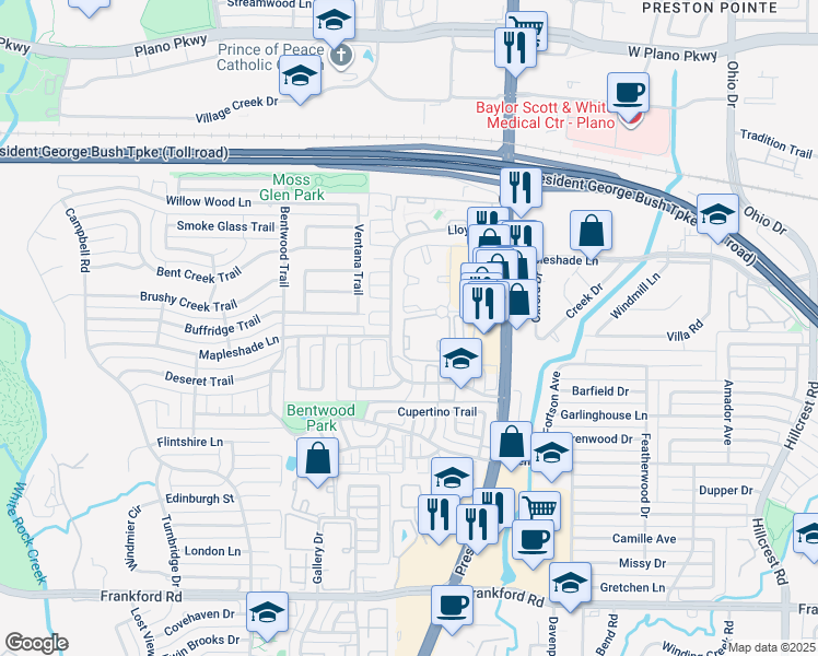 map of restaurants, bars, coffee shops, grocery stores, and more near 18790 Lloyd Drive in Dallas