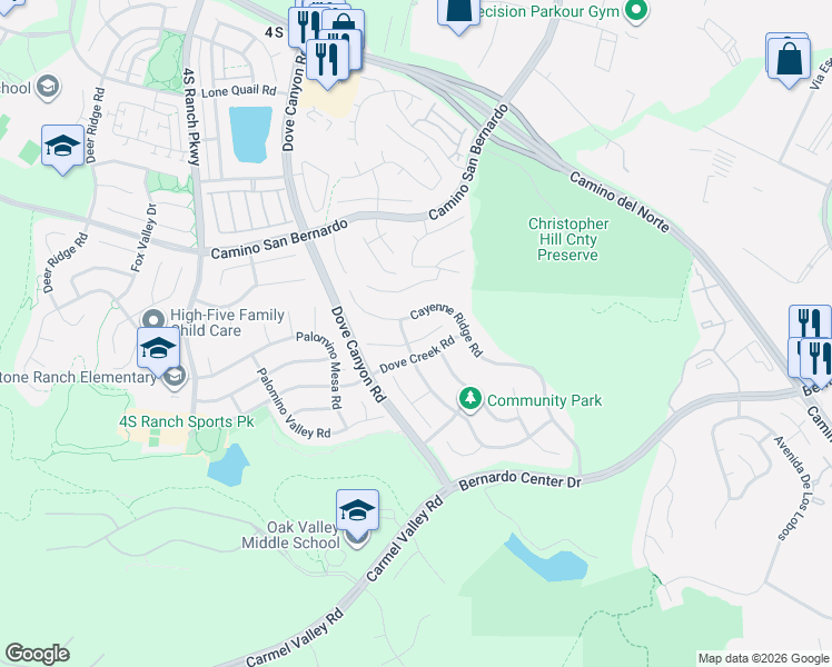 map of restaurants, bars, coffee shops, grocery stores, and more near 16248 Cayenne Ridge Road in San Diego