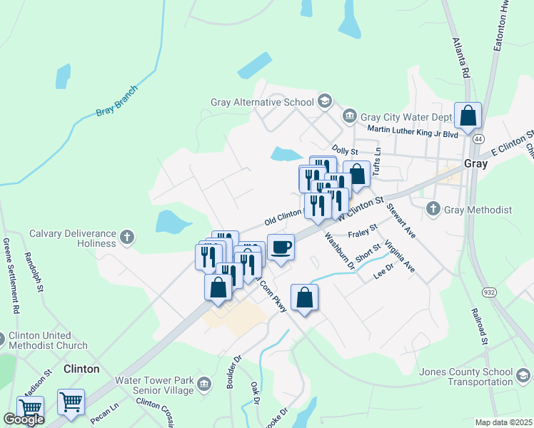 map of restaurants, bars, coffee shops, grocery stores, and more near 247 Folds Drive in Gray