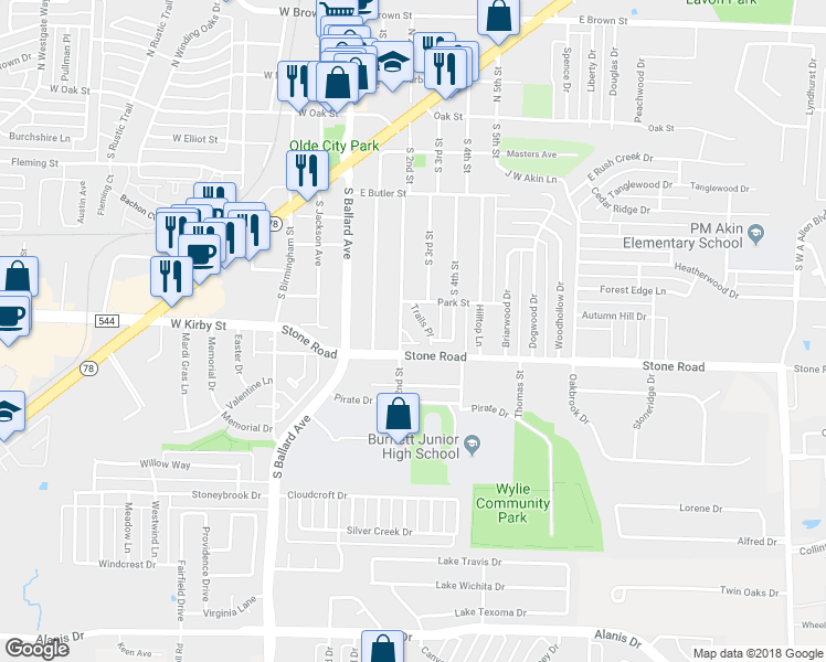 map of restaurants, bars, coffee shops, grocery stores, and more near 14 Trails Place in Wylie