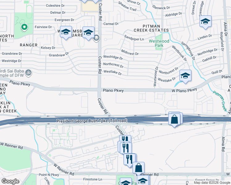 map of restaurants, bars, coffee shops, grocery stores, and more near 2001 West Plano Parkway in Plano