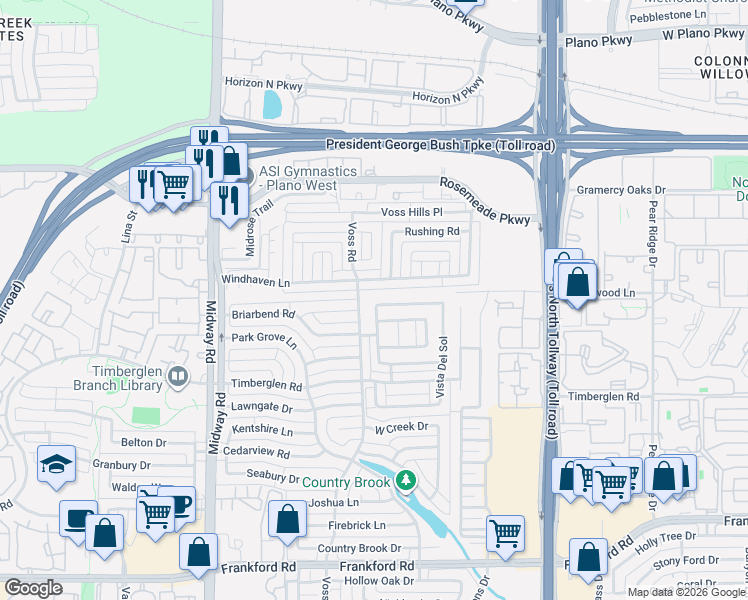 map of restaurants, bars, coffee shops, grocery stores, and more near 4312 Windhaven Lane in Dallas