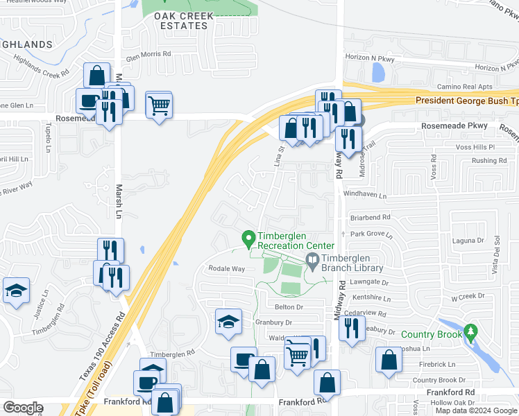 map of restaurants, bars, coffee shops, grocery stores, and more near 18809 Lina Street in Dallas