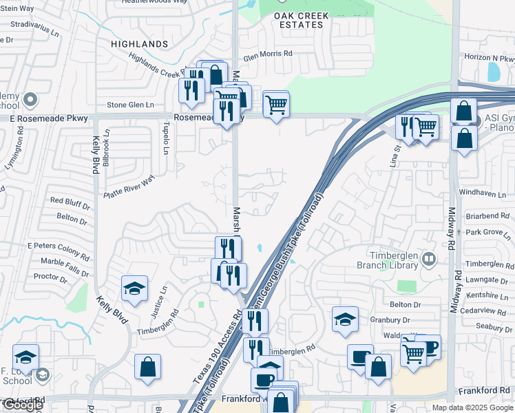 map of restaurants, bars, coffee shops, grocery stores, and more near 18788 Marsh Lane in Dallas