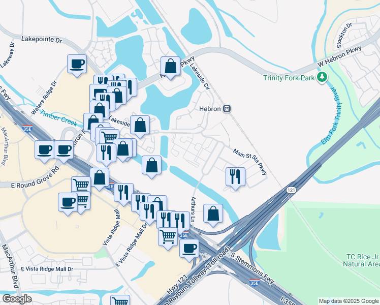map of restaurants, bars, coffee shops, grocery stores, and more near 6108 Penn Station Parkway in Lewisville